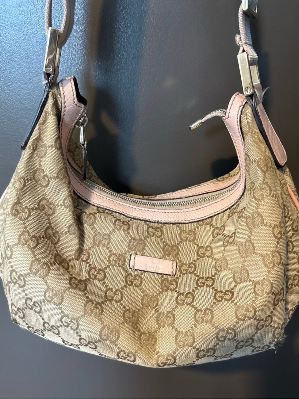 Gucci Beige Monogram Hobo Bag with Pink Trim